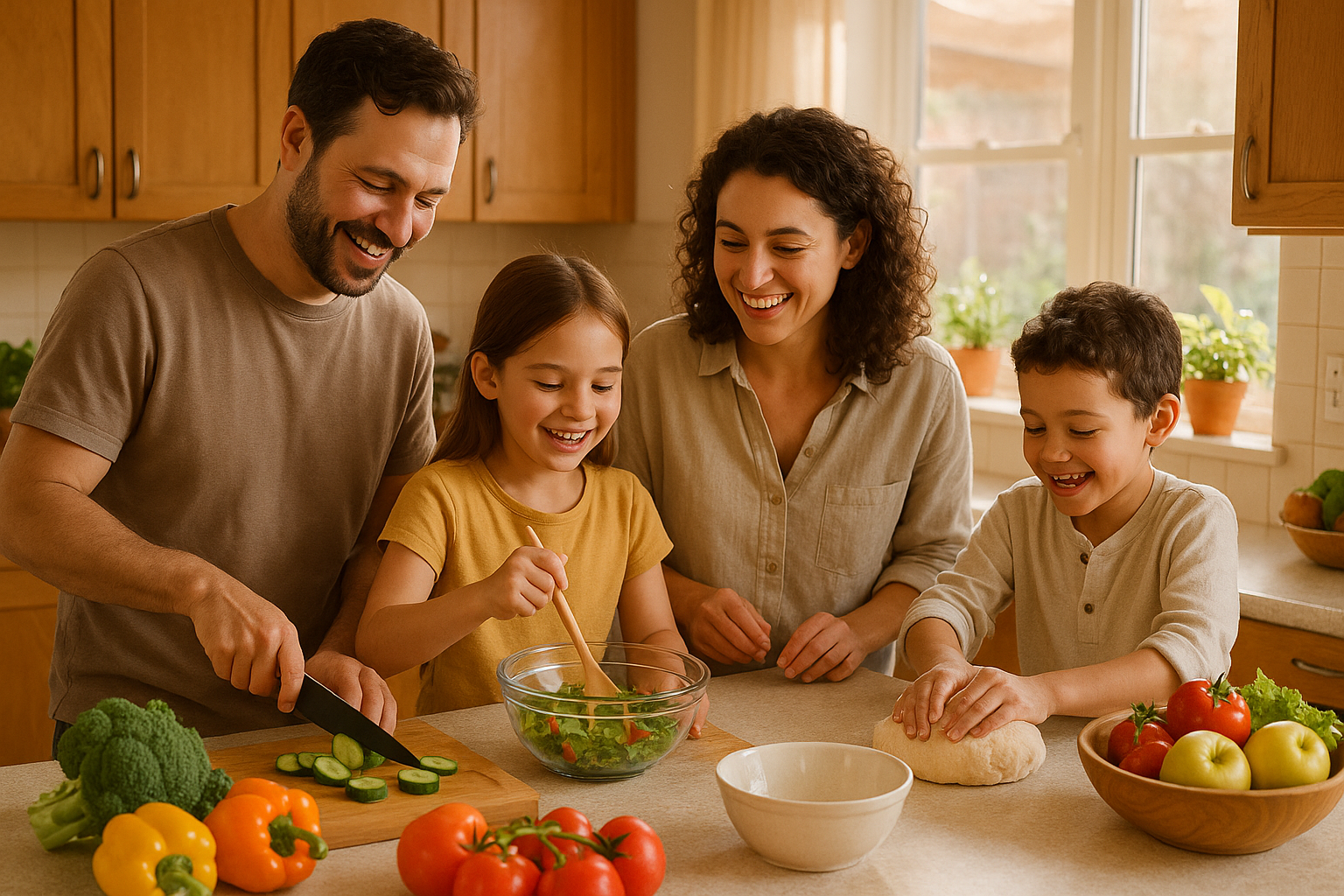a couple with kids in kitchen making meals looking healthy and happy